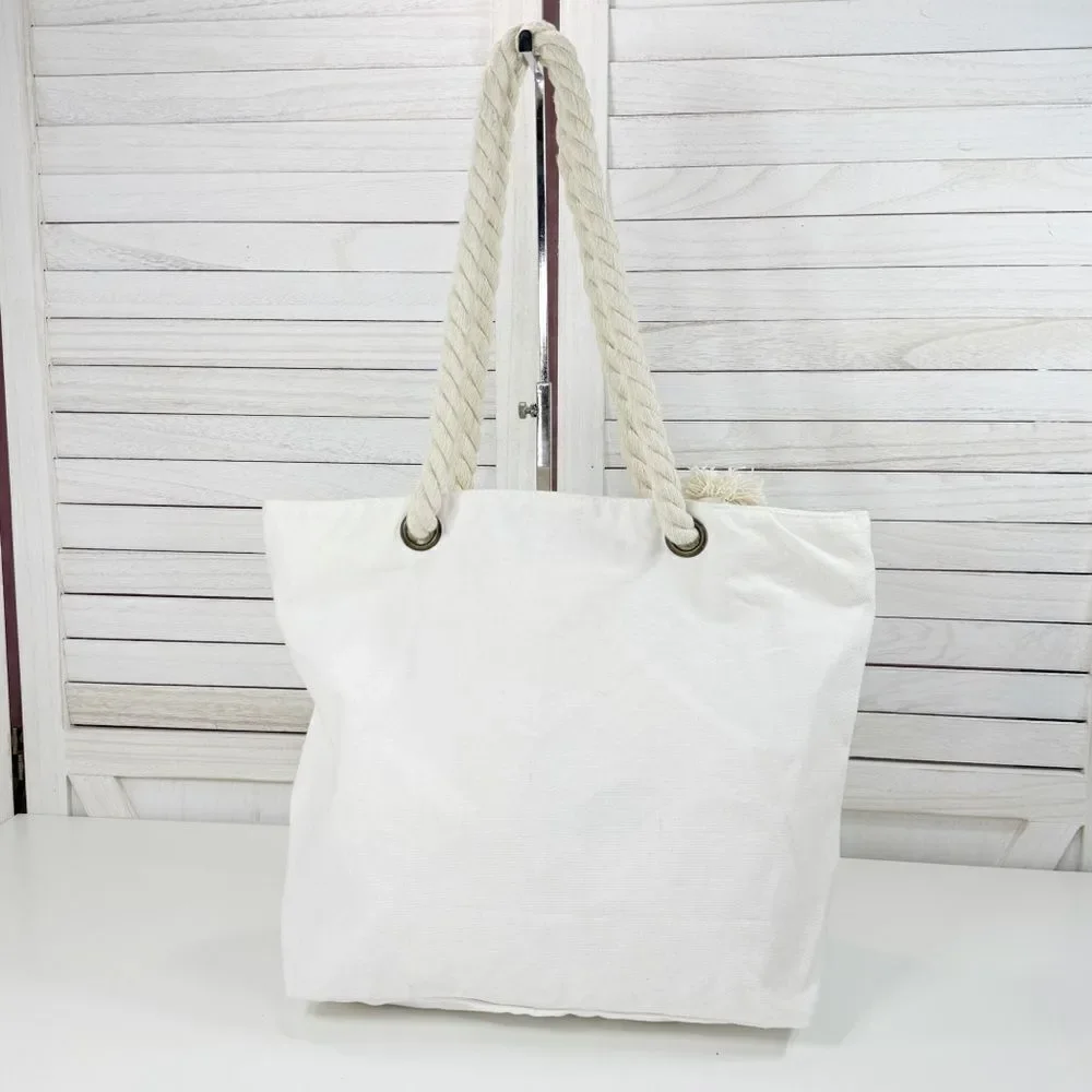 Tropical Out Of Office Beach Scene Canvas Tote Bag‎ White Rope Straps